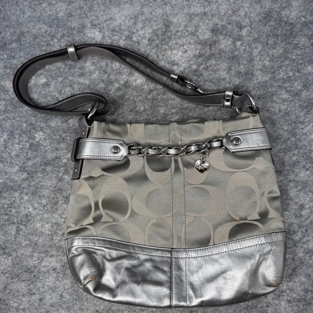 Coach Handbag Purse Silver Pewter Signature Jacquard Convertible F18862